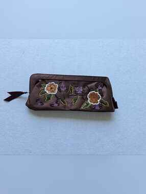 Embroidered Brown Floral Cosmetic Pouch